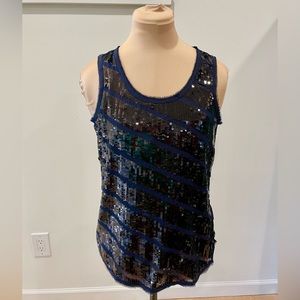 Ann Taylor Loft Navy Blue with Black Diagonal Sequins Tank Top